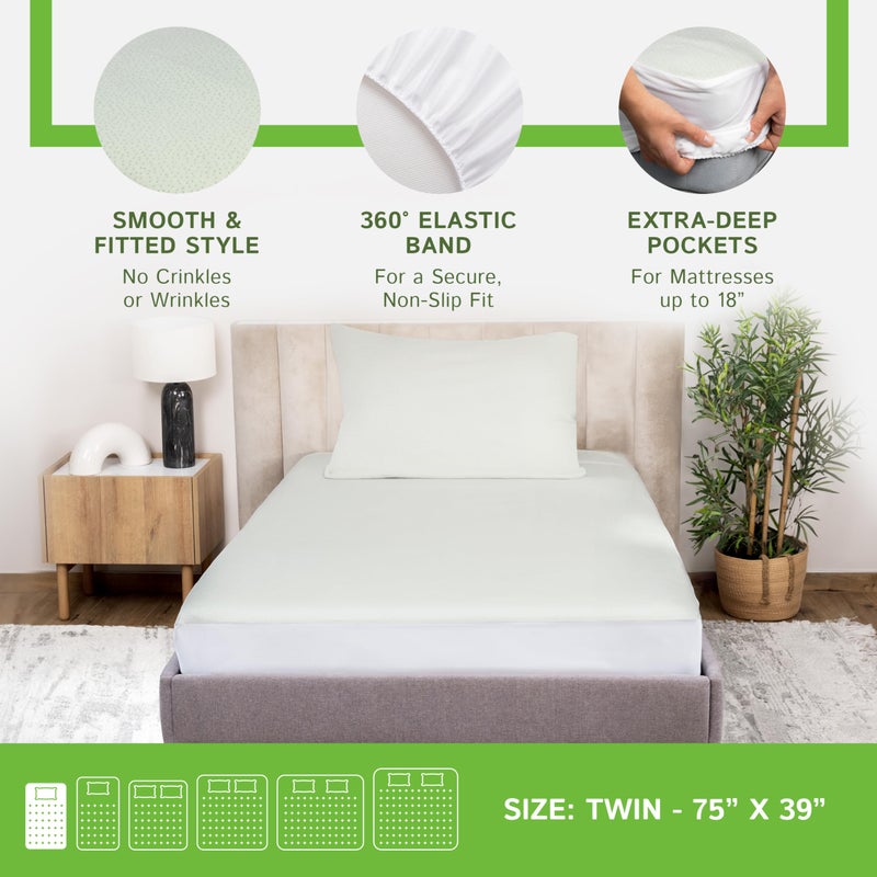 Four Seasons Essentials حماية مرتبة بحجم توأم مقاومة للماء من فور سيزونز إيسينشالز - غطاء مرتبة مزود بملاءة مصنوعة من الفيسكوز المستخرج من الخيزران - وسادة مزخرفة محشوة تحمي من مسببات الحساسية من الغبار - Image 4